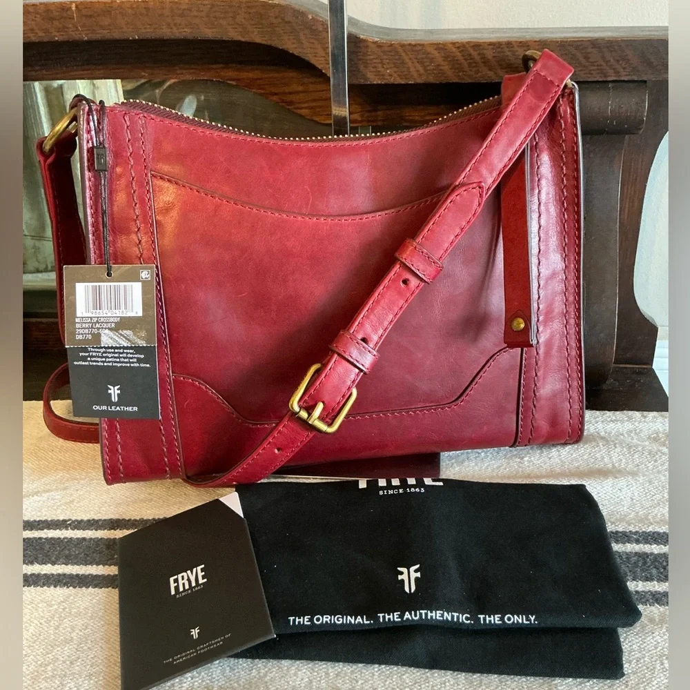 NWT Frye Leather Melissa Zip Top Saddle Crossbody Berry Lacquer Red MSRP $198